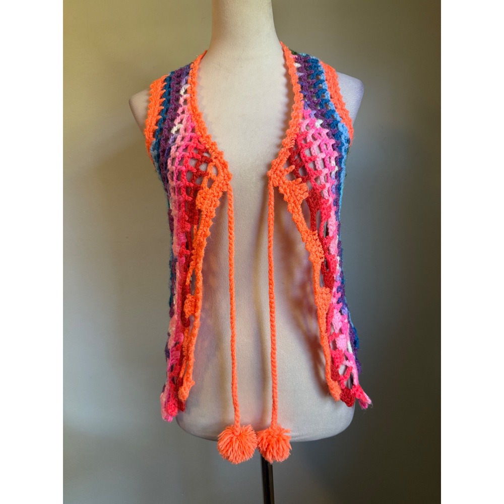 Handmade Rainbow Crochet Vest  Open Knit Boho Festival Pom Pom boho whimsi retro - Picture 3 of 4